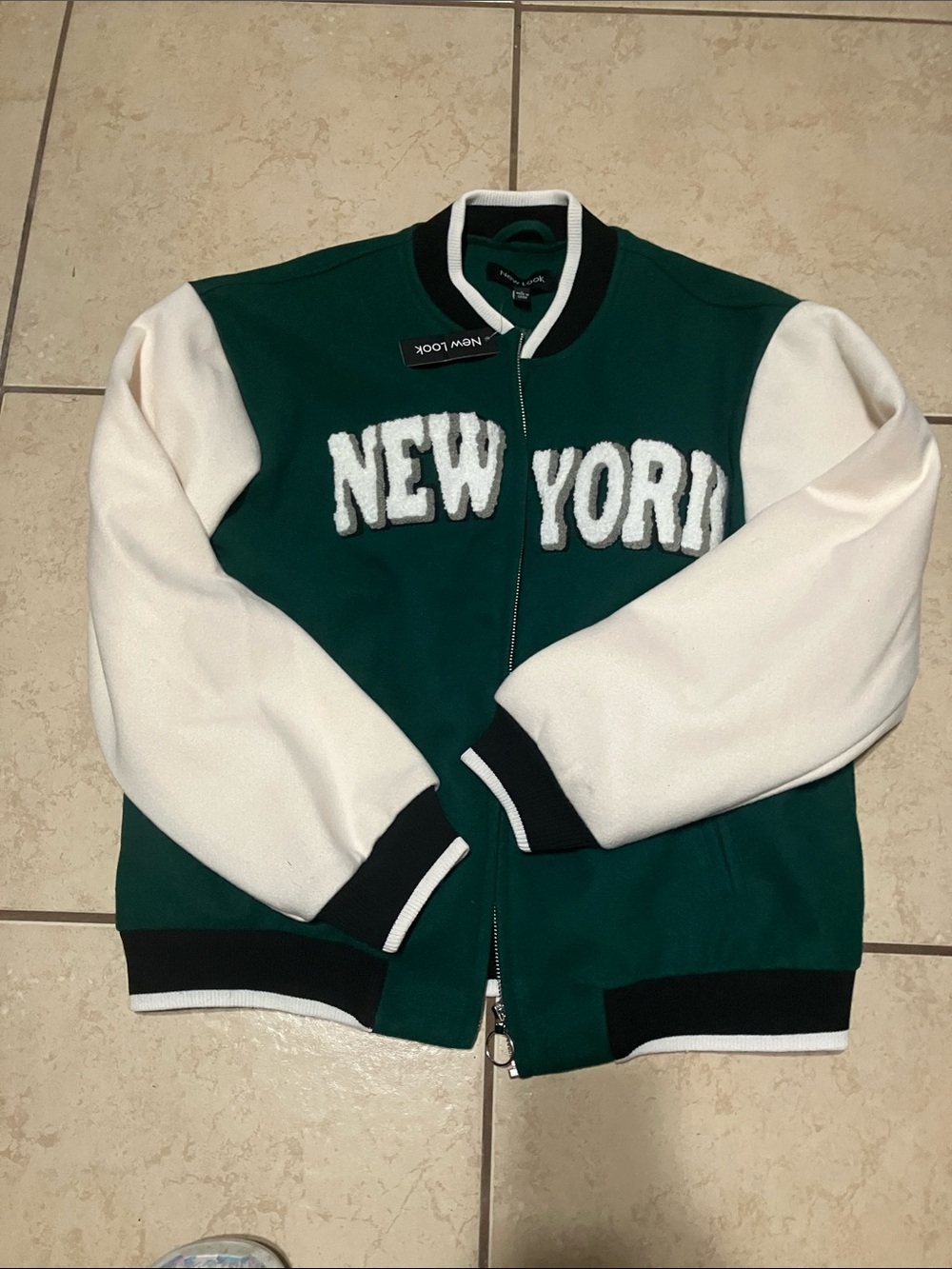 New Look Green & White Varsity Bomber Jacket